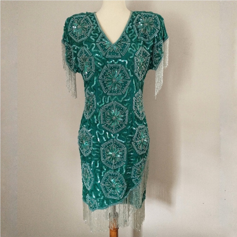 Vintage Silk Beaded Dress with Heavy Fringe 6//8